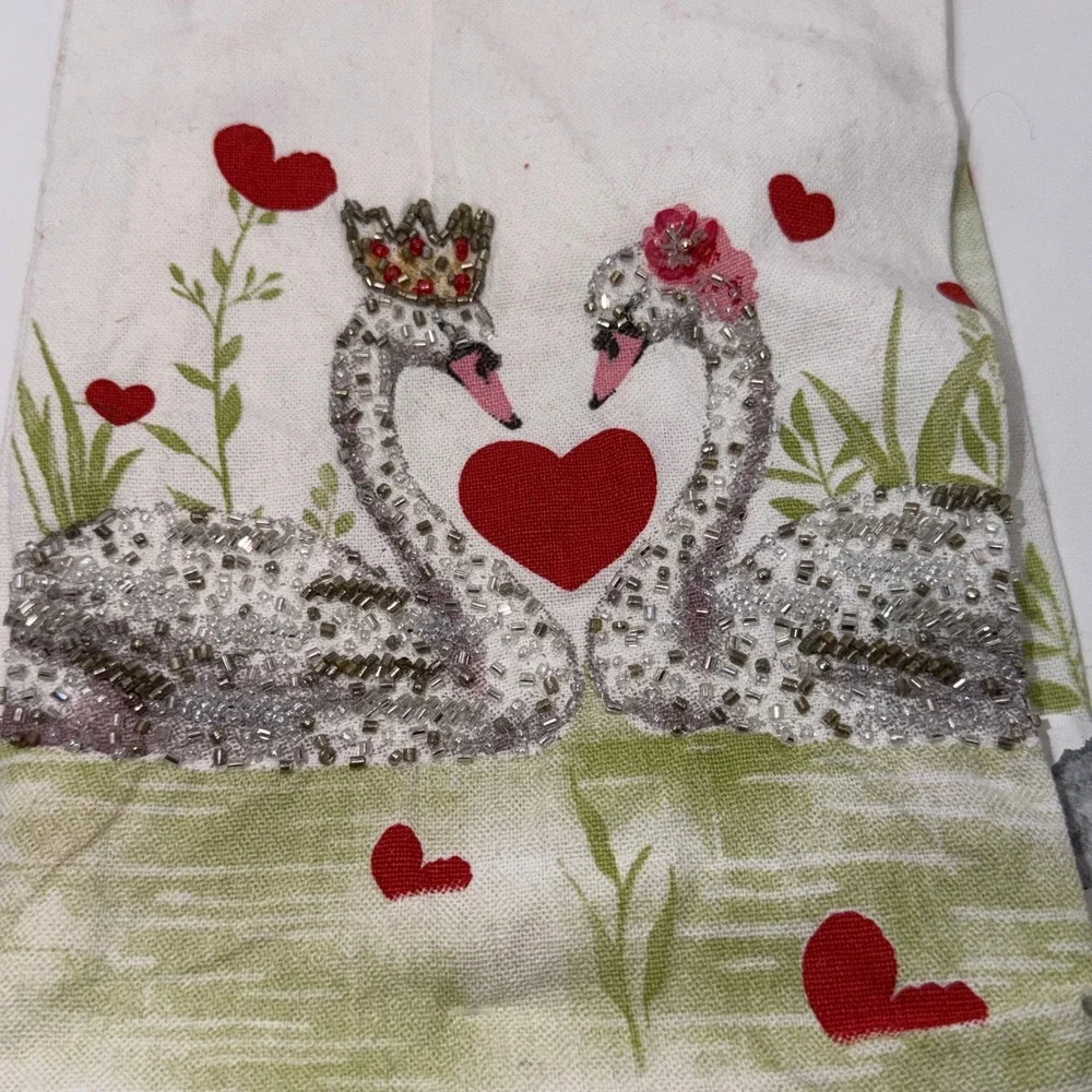 Beaded Valentine's Day Kitchen Towel Set Swans Hugs Kisses Romantic